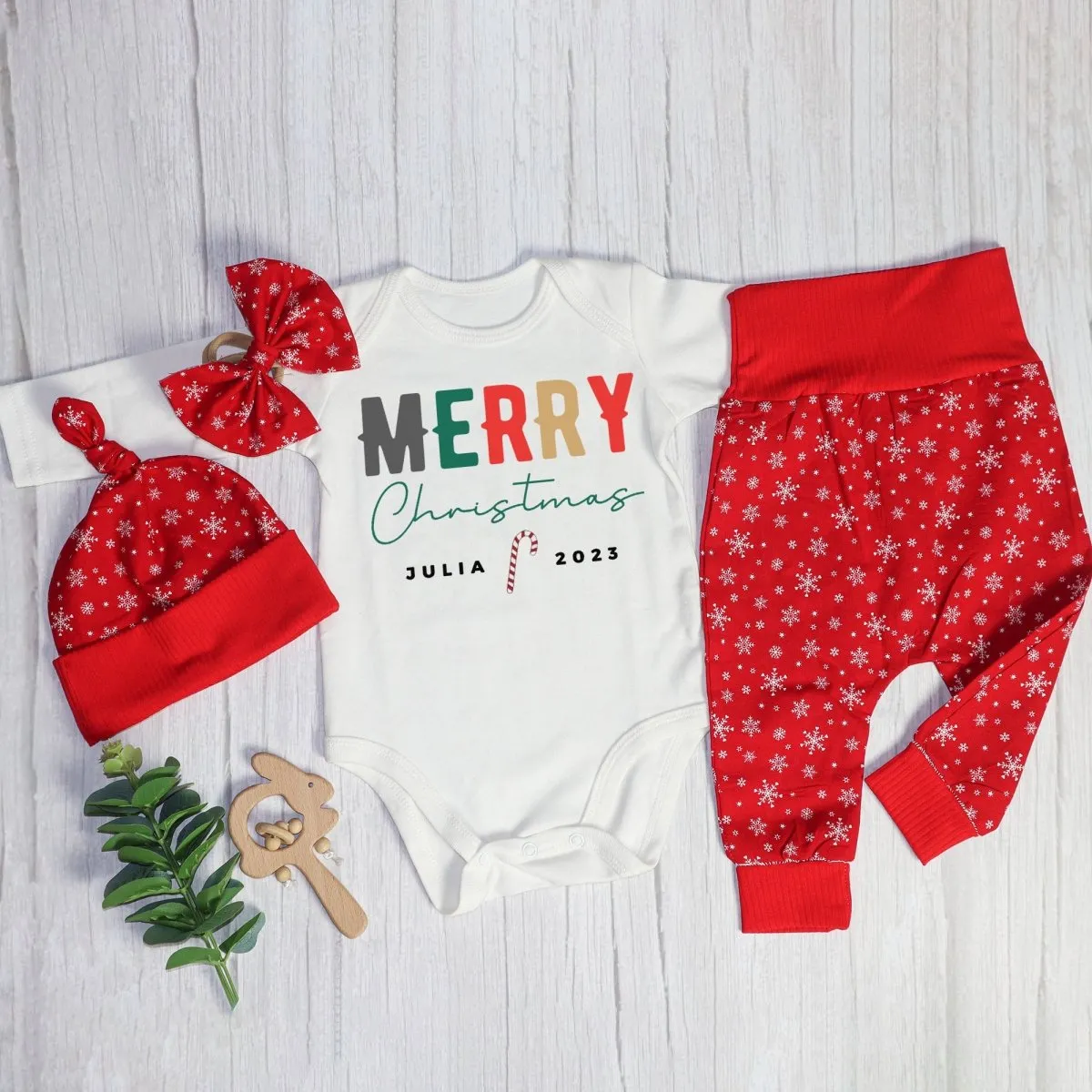 Personalized Christmas Neutral Long Sleeve Bodysuit and Long Pants Set | Custom Baby Onesies Merry Christmas Shitter's Full Baby Name