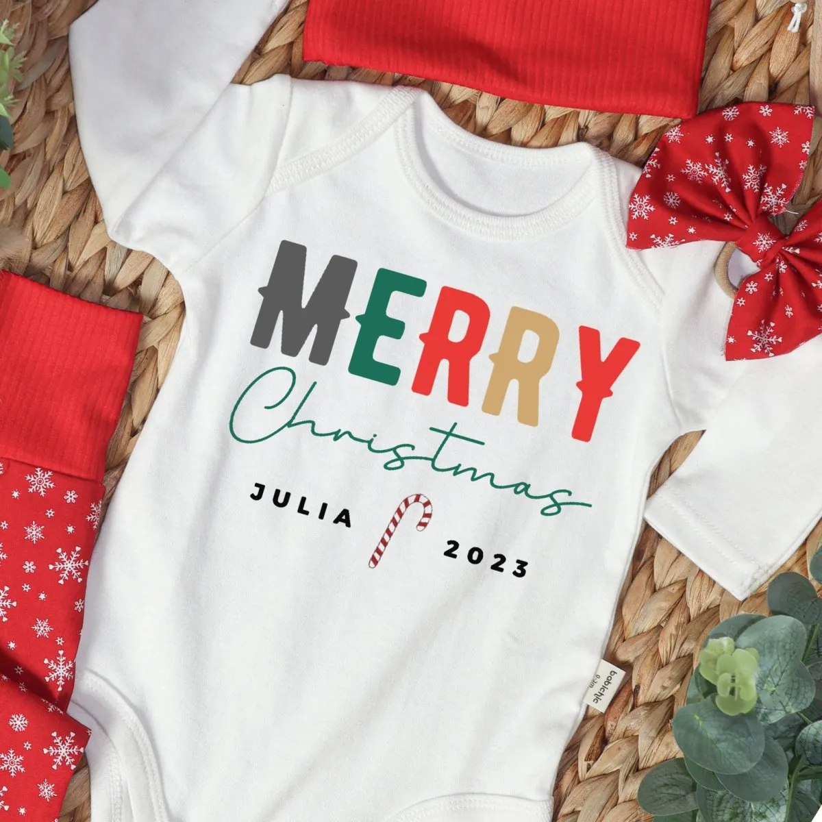 Personalized Christmas Neutral Long Sleeve Bodysuit and Long Pants Set | Custom Baby Onesies Merry Christmas Shitter's Full Baby Name