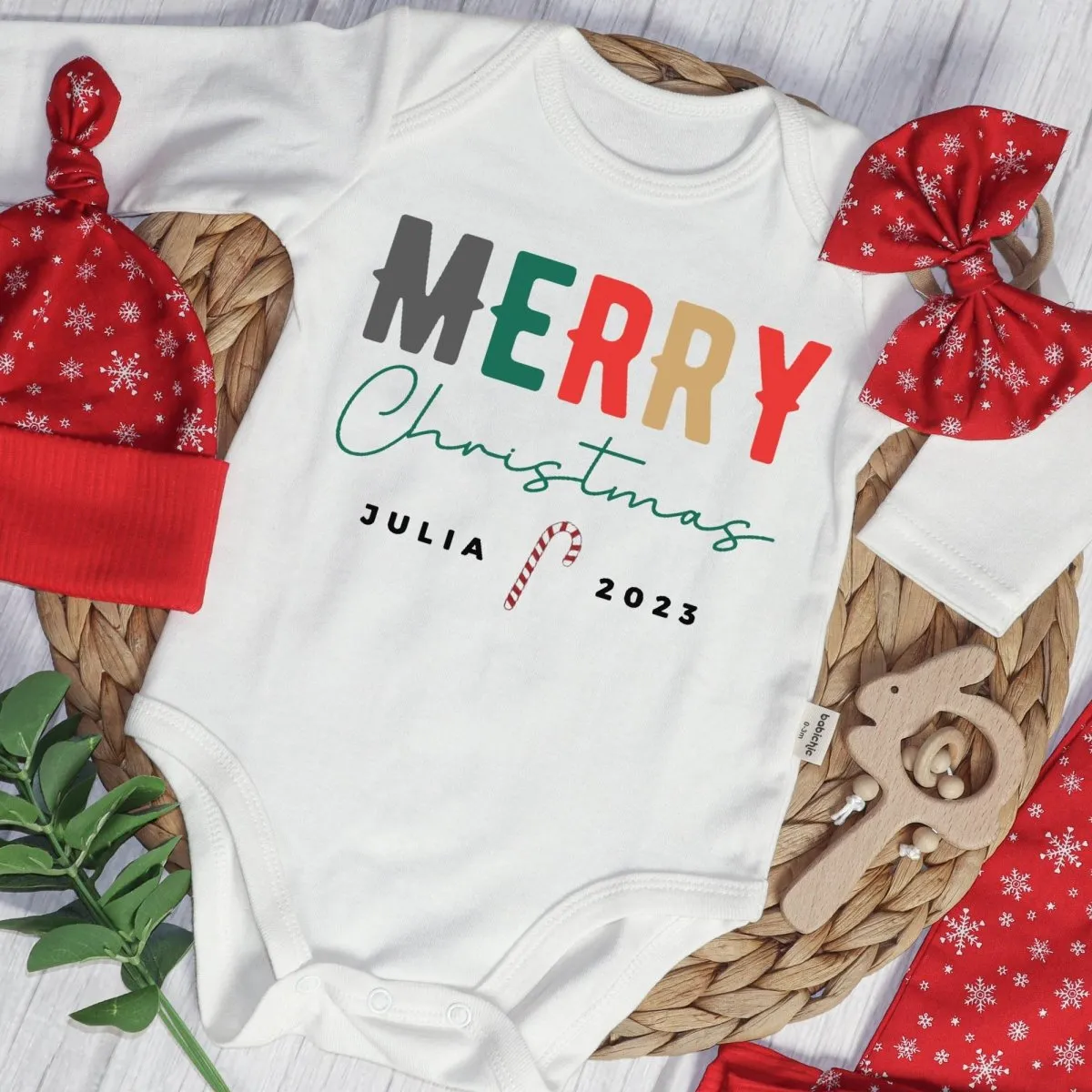 Personalized Christmas Neutral Long Sleeve Bodysuit and Long Pants Set | Custom Baby Onesies Merry Christmas Shitter's Full Baby Name