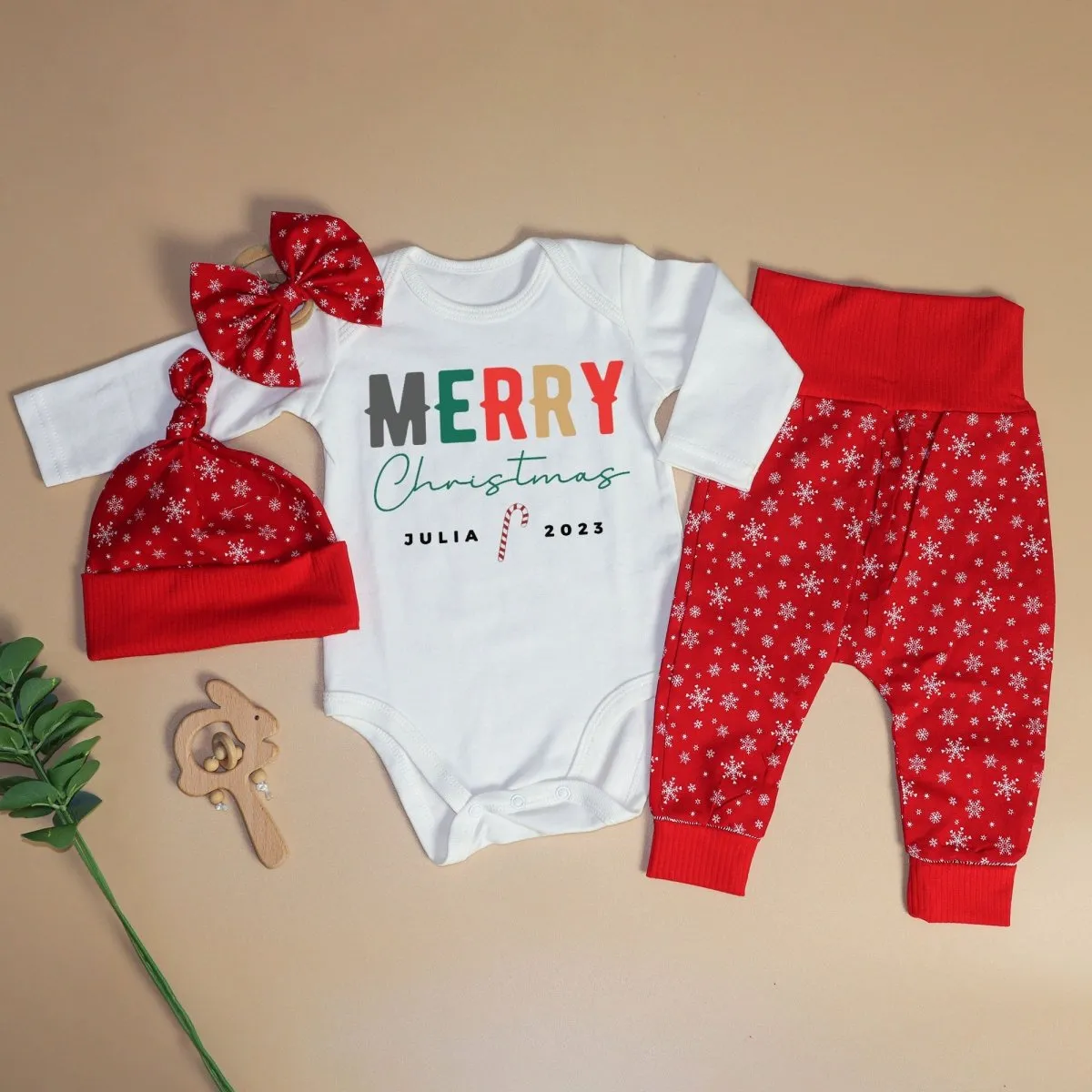 Personalized Christmas Neutral Long Sleeve Bodysuit and Long Pants Set | Custom Baby Onesies Merry Christmas Shitter's Full Baby Name