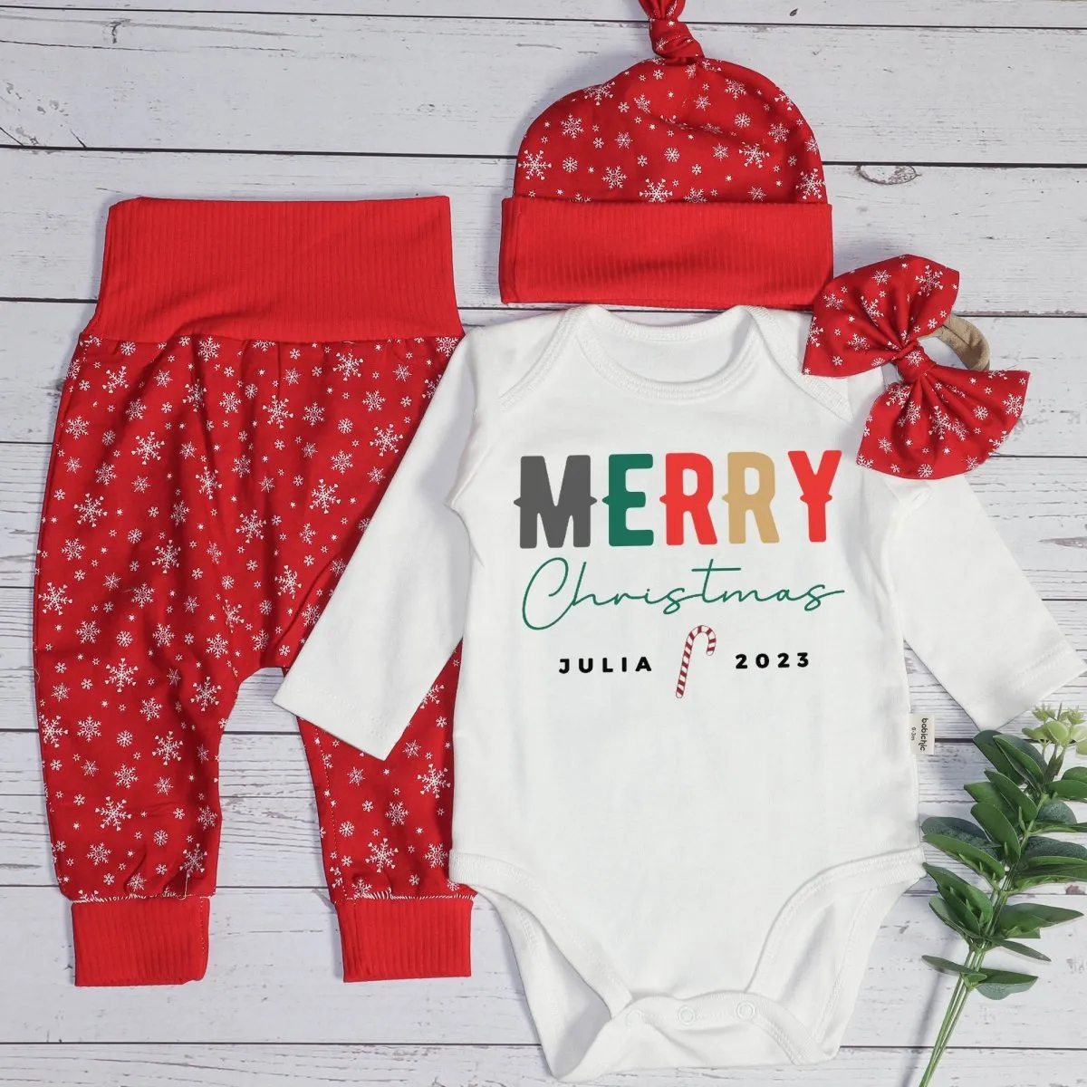 Personalized Christmas Neutral Long Sleeve Bodysuit and Long Pants Set | Custom Baby Onesies Merry Christmas Shitter's Full Baby Name