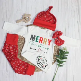 Personalized Christmas Neutral Long Sleeve Bodysuit and Long Pants Set | Custom Baby Onesies Merry Christmas Shitter's Full Baby Name