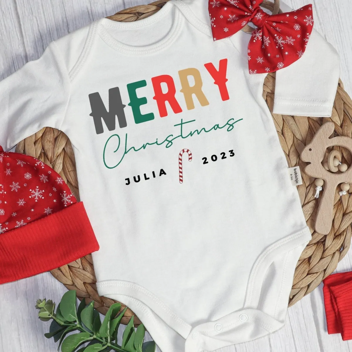 Personalized Christmas Neutral Long Sleeve Bodysuit and Long Pants Set | Custom Baby Onesies Merry Christmas Shitter's Full Baby Name