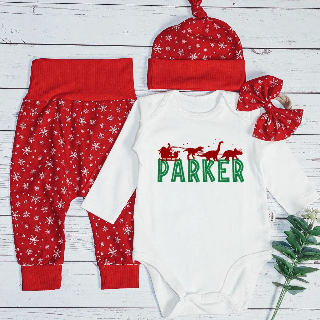 Pesonalized Santa Sleigh Dinosaur Christmas Baby Onesie and Long Pants Set | Baby Boy's Xmas T-Rex | Funny Christmas Bodysuit