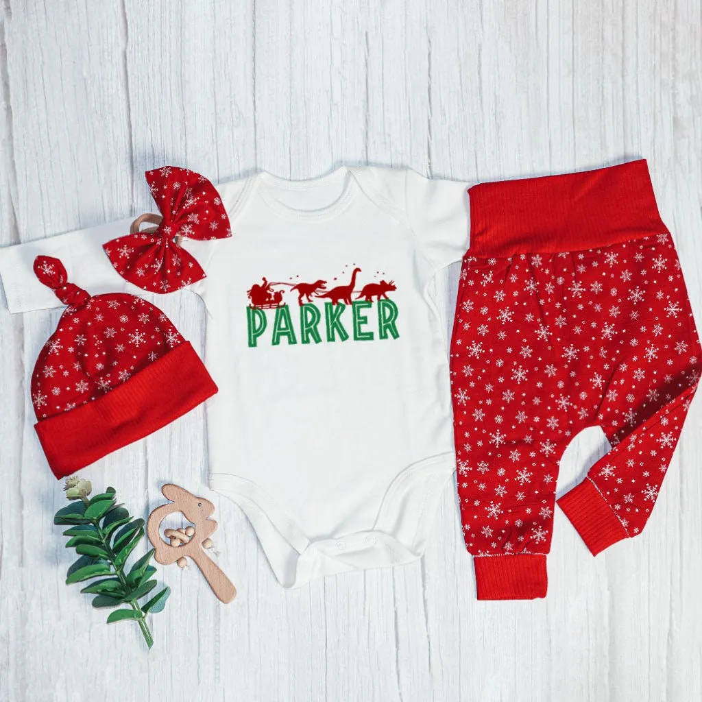 Pesonalized Santa Sleigh Dinosaur Christmas Baby Onesie and Long Pants Set | Baby Boy's Xmas T-Rex | Funny Christmas Bodysuit