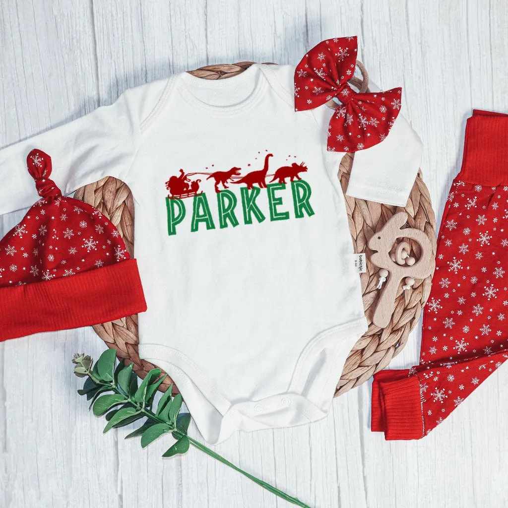 Pesonalized Santa Sleigh Dinosaur Christmas Baby Onesie and Long Pants Set | Baby Boy's Xmas T-Rex | Funny Christmas Bodysuit