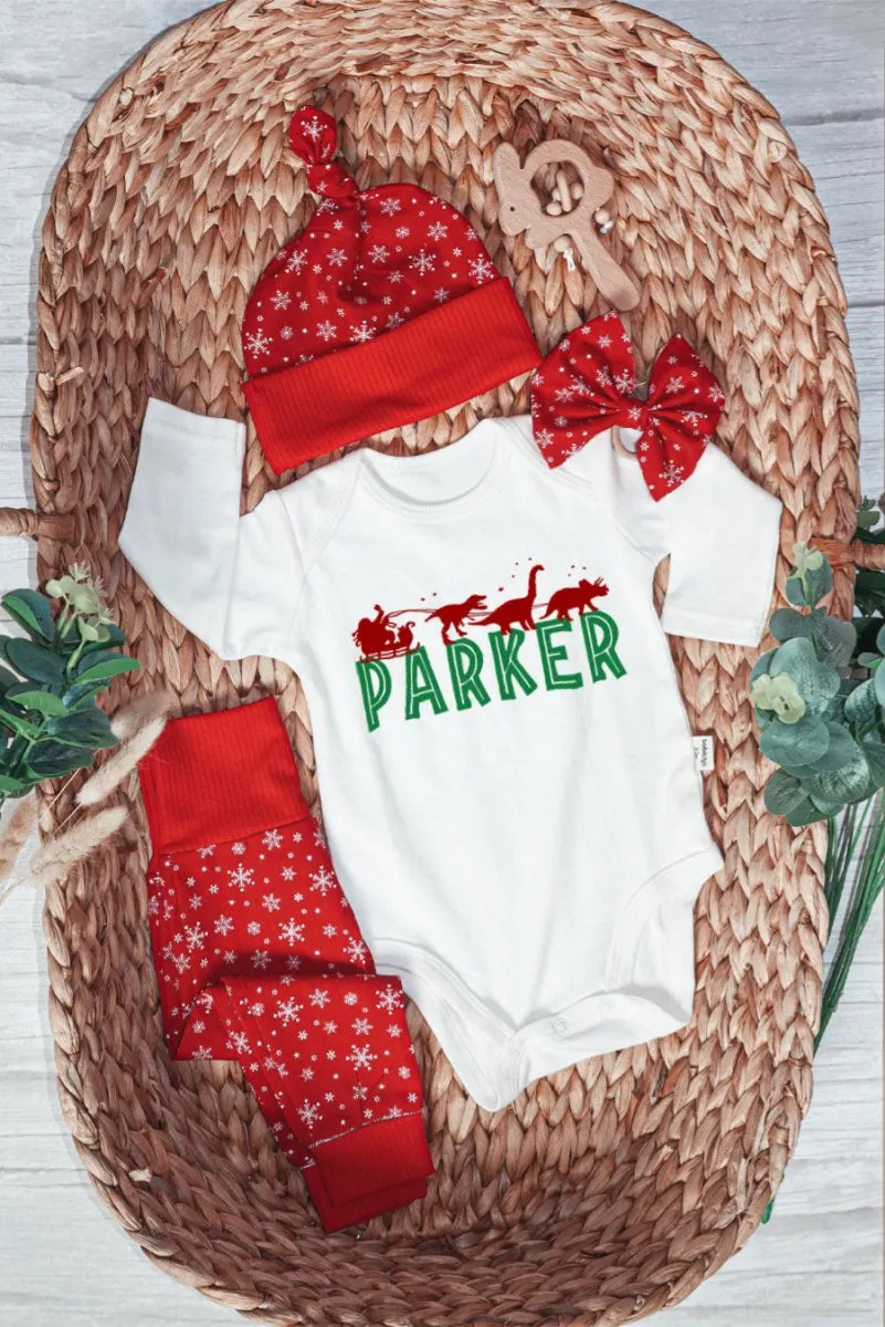 Pesonalized Santa Sleigh Dinosaur Christmas Baby Onesie and Long Pants Set | Baby Boy's Xmas T-Rex | Funny Christmas Bodysuit