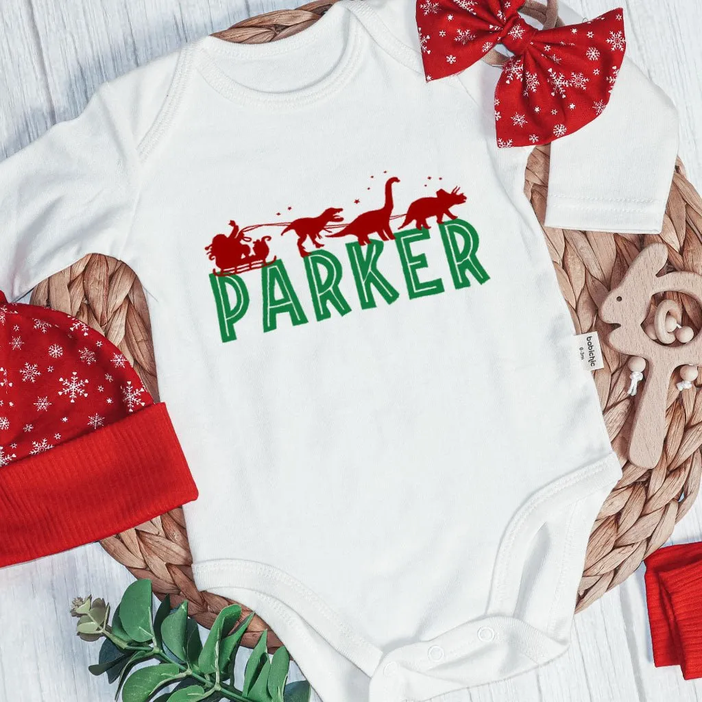 Pesonalized Santa Sleigh Dinosaur Christmas Baby Onesie and Long Pants Set | Baby Boy's Xmas T-Rex | Funny Christmas Bodysuit