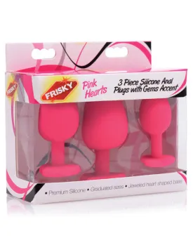 Pink Hearts 3pc Silicone Anal Plugs W-gems