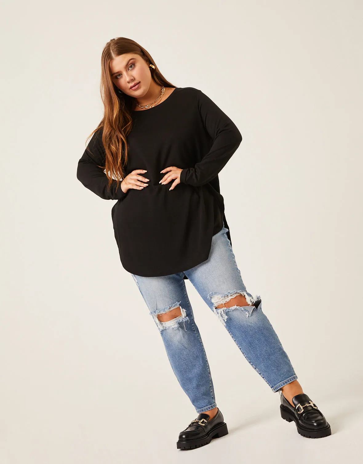 Plus Size Knit Flowy Long Sleeve Tee