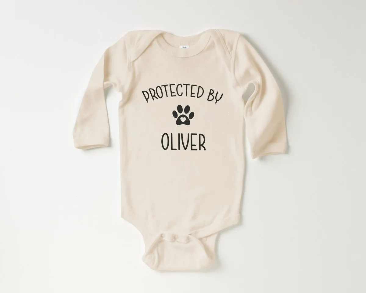 Protected By Dog Baby Onesie - Cute Personalized Bodysuit - Natural Custom Baby Onesie