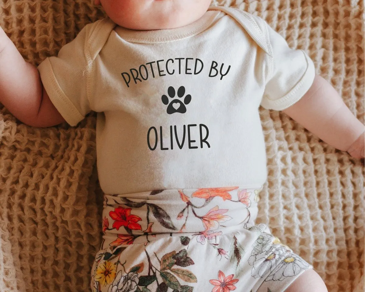 Protected By Dog Baby Onesie - Cute Personalized Bodysuit - Natural Custom Baby Onesie