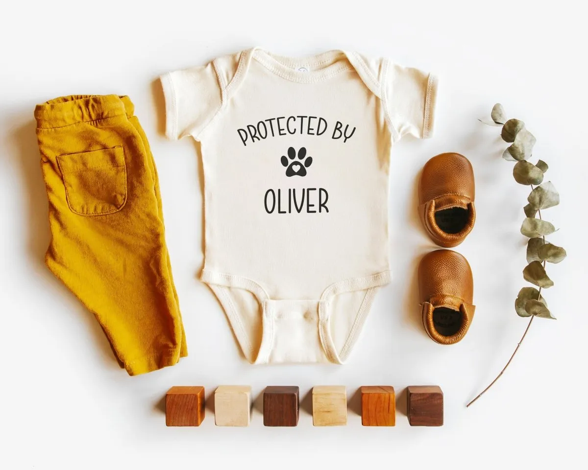 Protected By Dog Baby Onesie - Cute Personalized Bodysuit - Natural Custom Baby Onesie