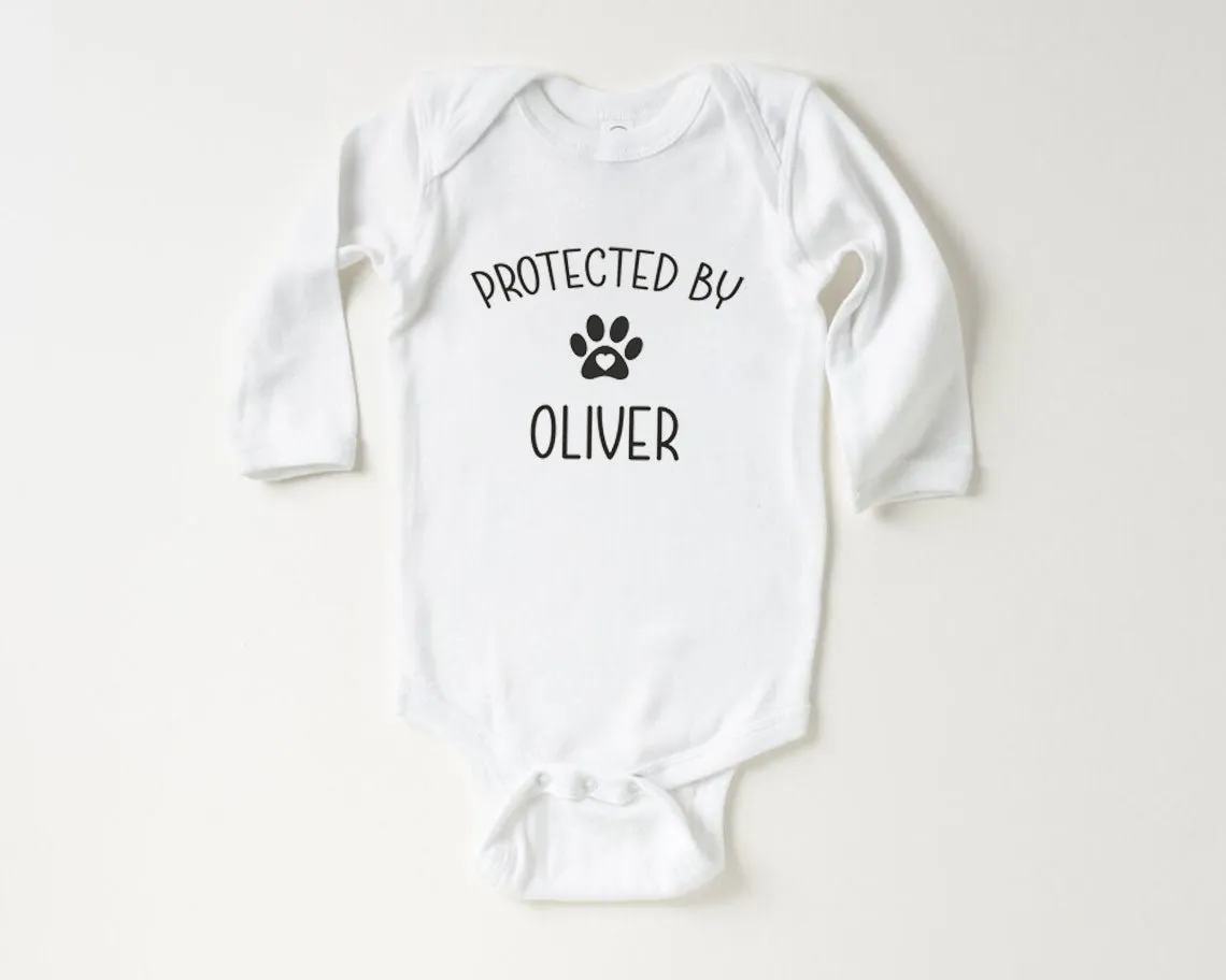 Protected By Dog Baby Onesie - Cute Personalized Bodysuit - Natural Custom Baby Onesie