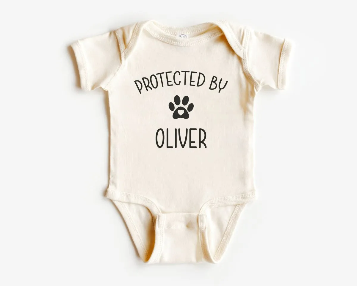 Protected By Dog Baby Onesie - Cute Personalized Bodysuit - Natural Custom Baby Onesie