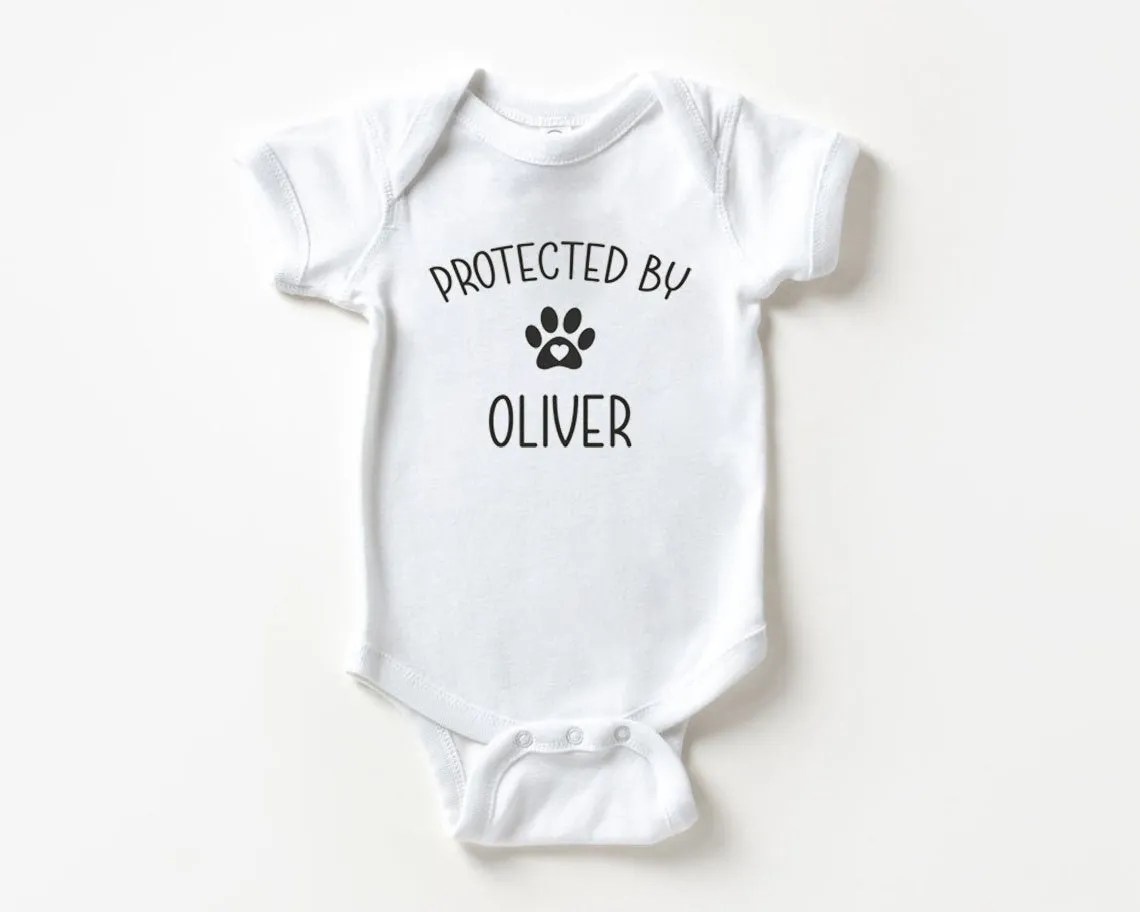 Protected By Dog Baby Onesie - Cute Personalized Bodysuit - Natural Custom Baby Onesie