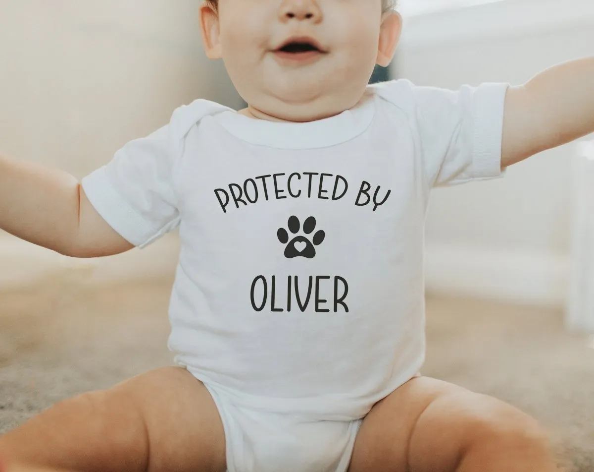 Protected By Dog Baby Onesie - Cute Personalized Bodysuit - Natural Custom Baby Onesie