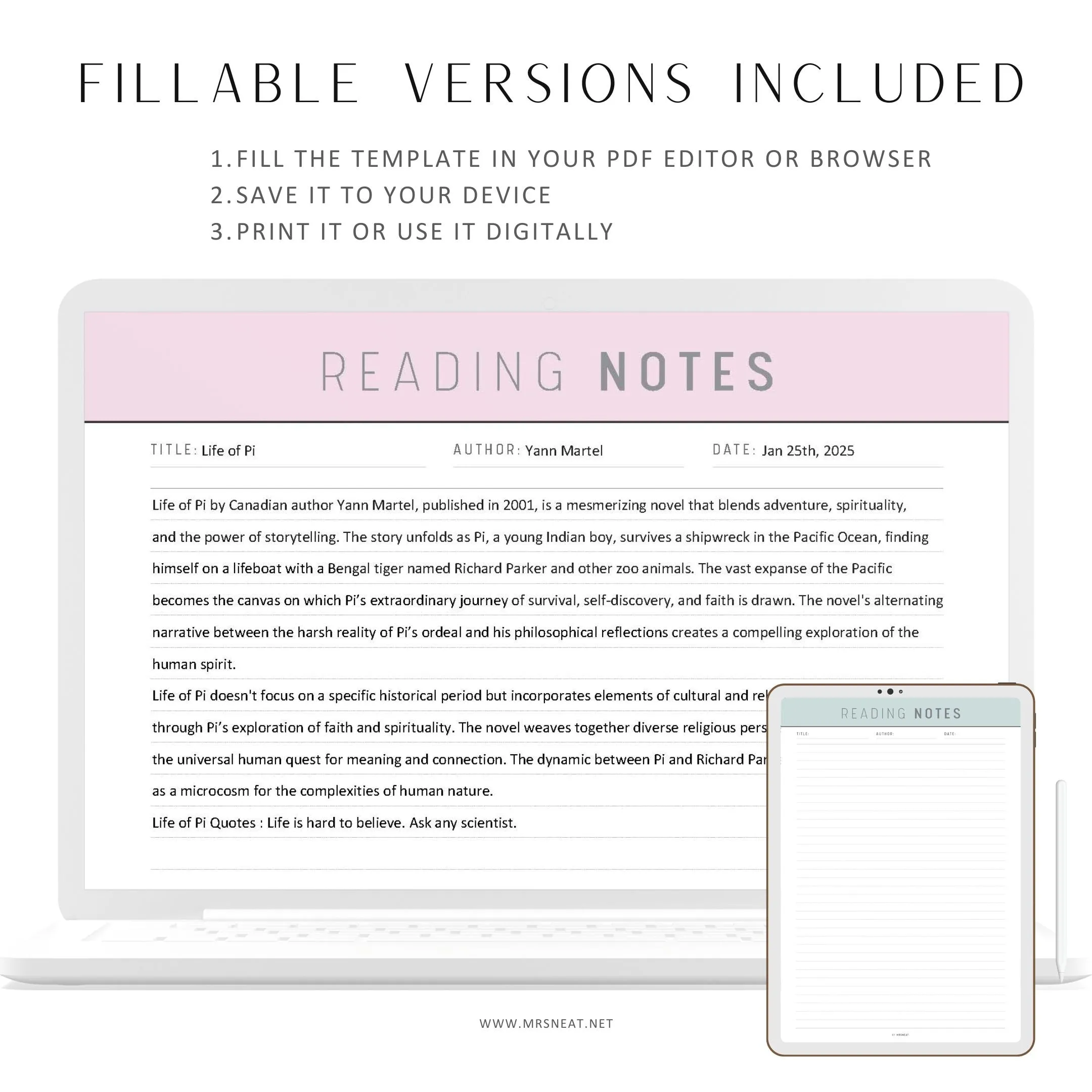 Reading Notes Template Printable - M231