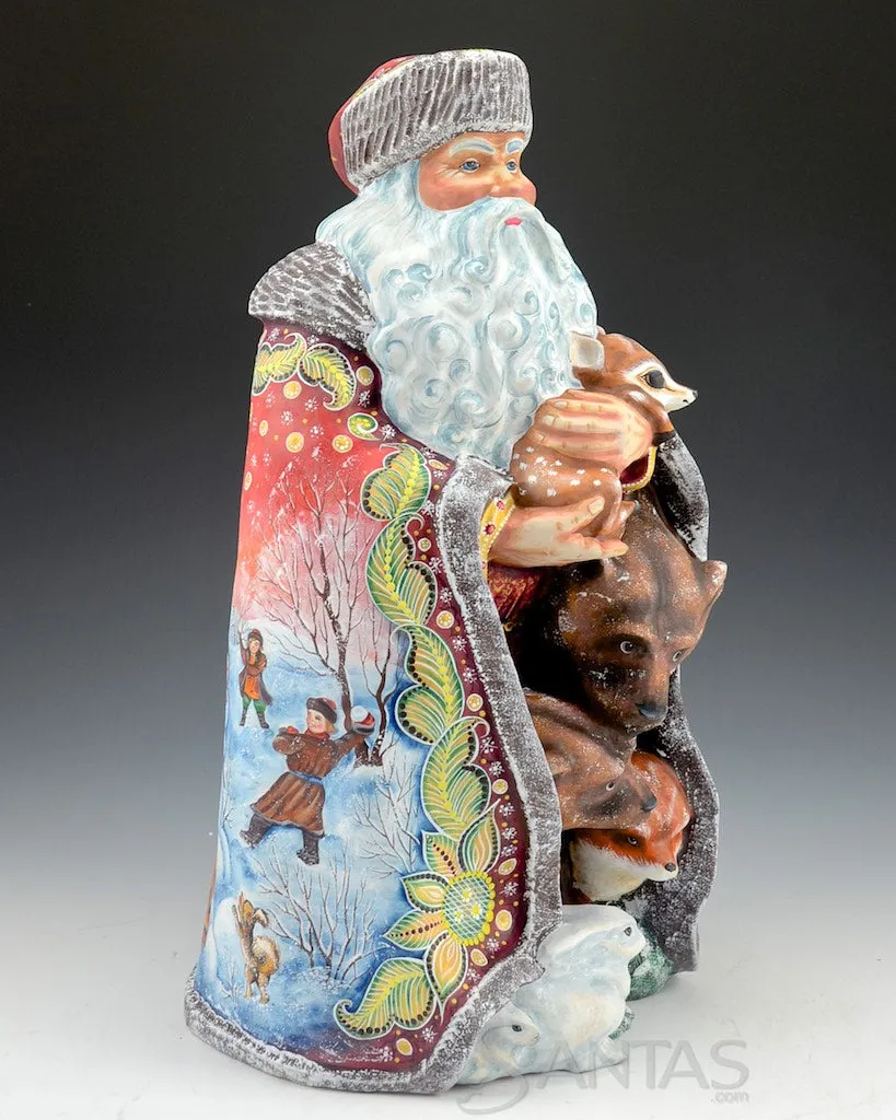 Robed Russian Santa Carving with Animals and Scene