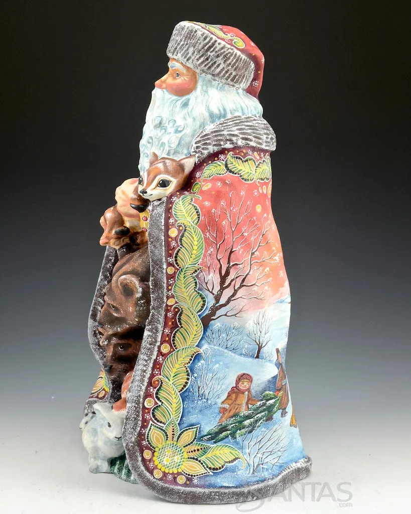 Robed Russian Santa Carving with Animals and Scene