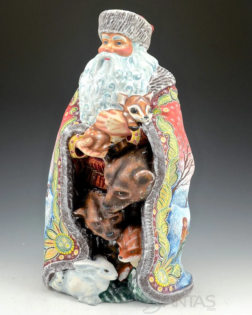 Robed Russian Santa Carving with Animals and Scene