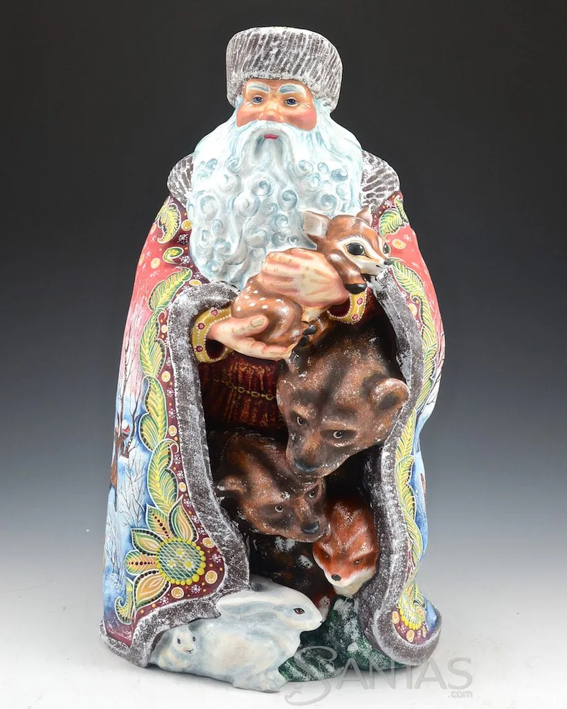 Robed Russian Santa Carving with Animals and Scene