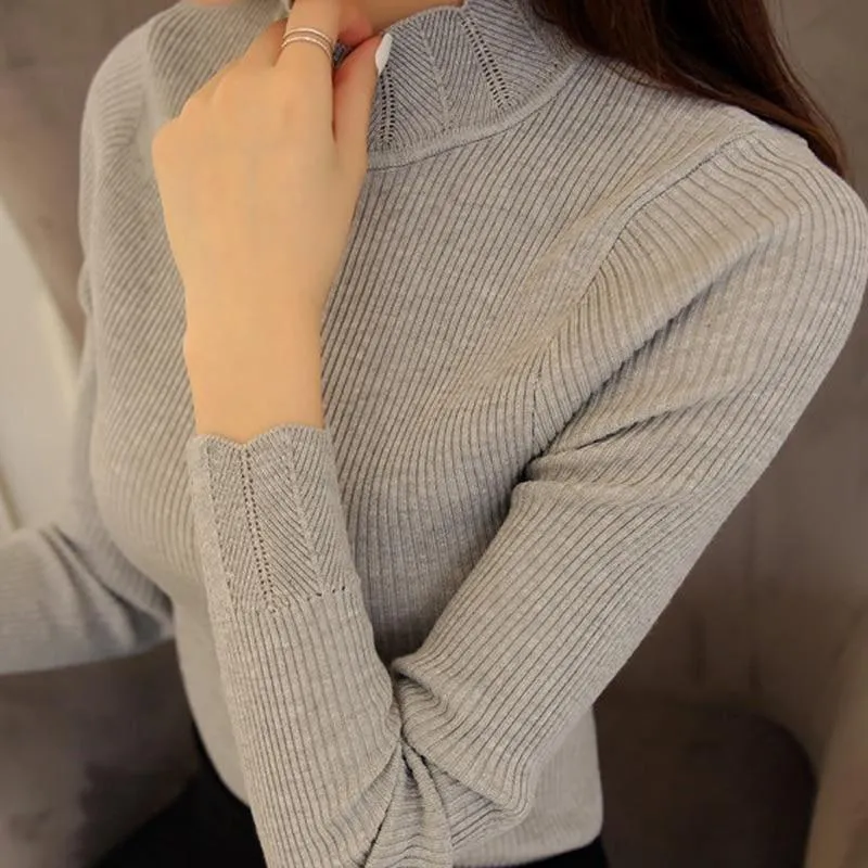 Ruffled Sleeve Turtleneck Solid Slim Fit Sweater Blouse