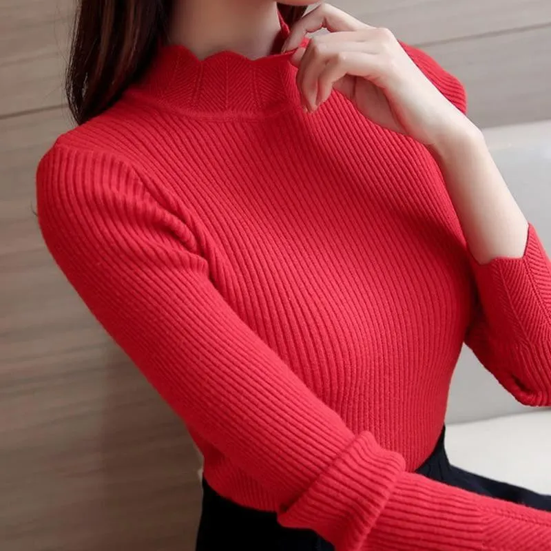 Ruffled Sleeve Turtleneck Solid Slim Fit Sweater Blouse