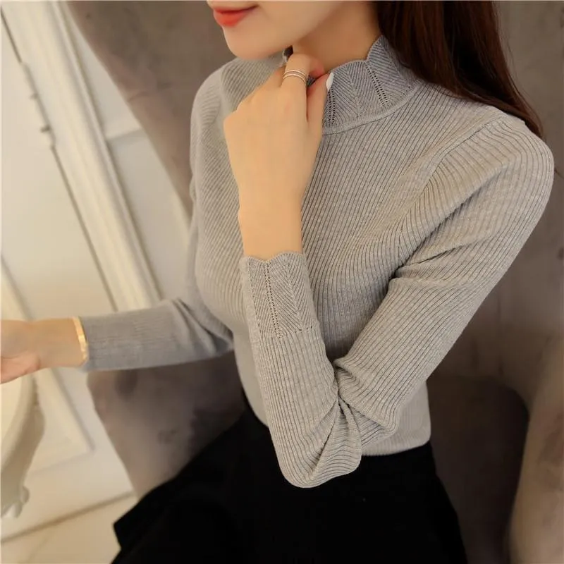 Ruffled Sleeve Turtleneck Solid Slim Fit Sweater Blouse