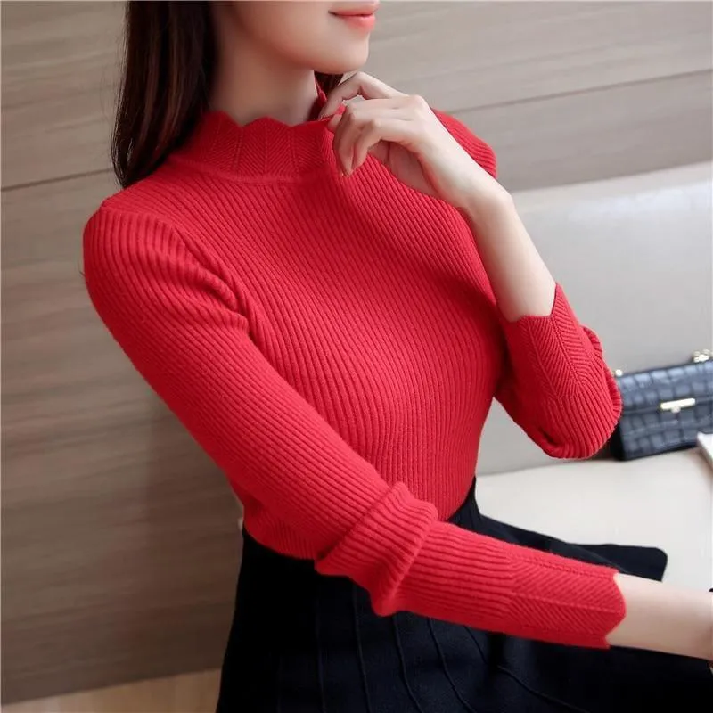 Ruffled Sleeve Turtleneck Solid Slim Fit Sweater Blouse