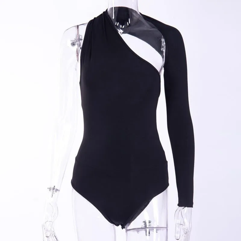 Sexy Women's One-sided Long-sleeved Open-back Hollow Out Skinny Bodysuits