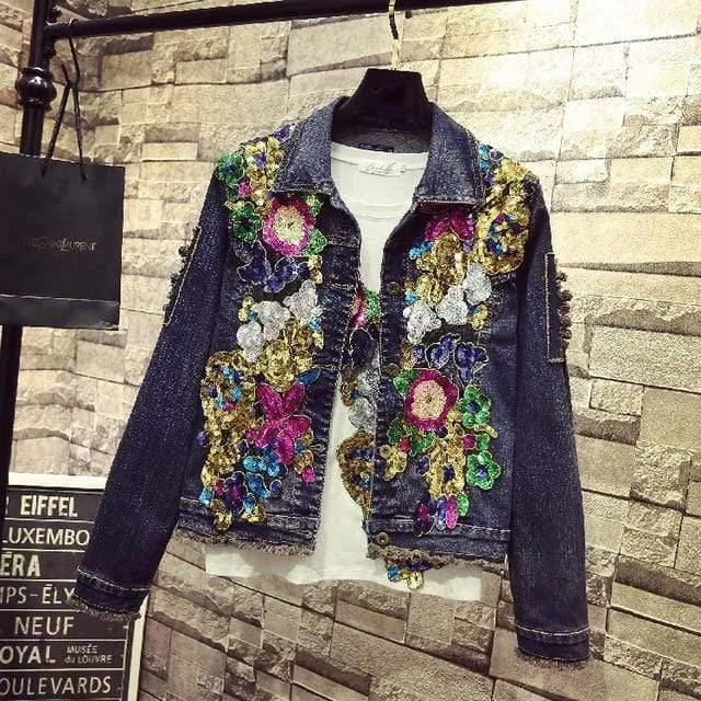 Spring Embroidery Rose Floral Beading Denim Bomber