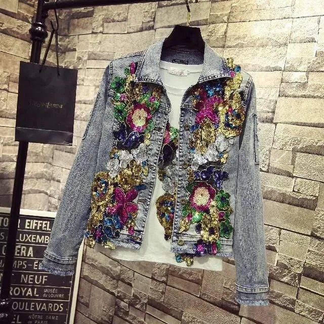 Spring Embroidery Rose Floral Beading Denim Bomber