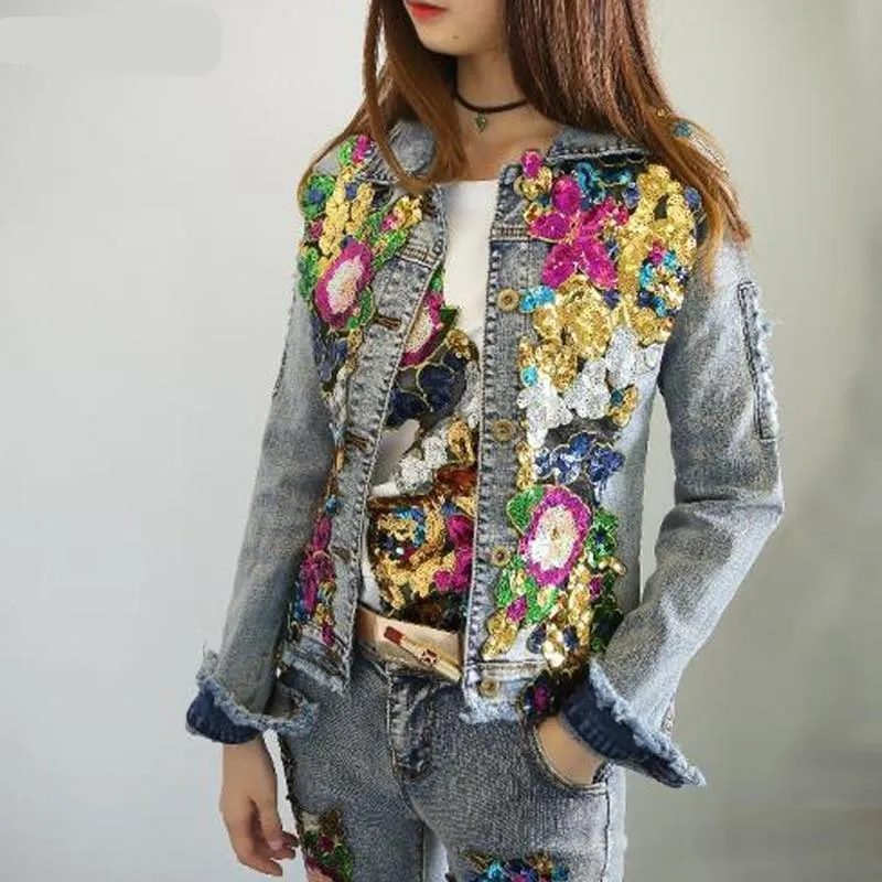 Spring Embroidery Rose Floral Beading Denim Bomber