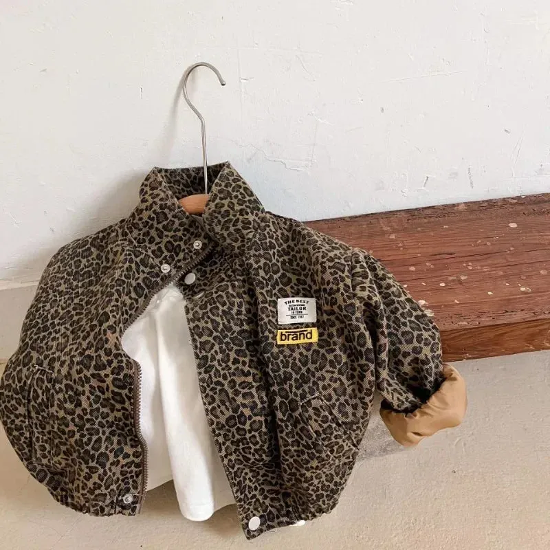 Spring Fall Children's Casual Long-sleeved Jacket Boys Leopard Print Jacket Girls Short Denim Coat