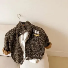 Spring Fall Children's Casual Long-sleeved Jacket Boys Leopard Print Jacket Girls Short Denim Coat