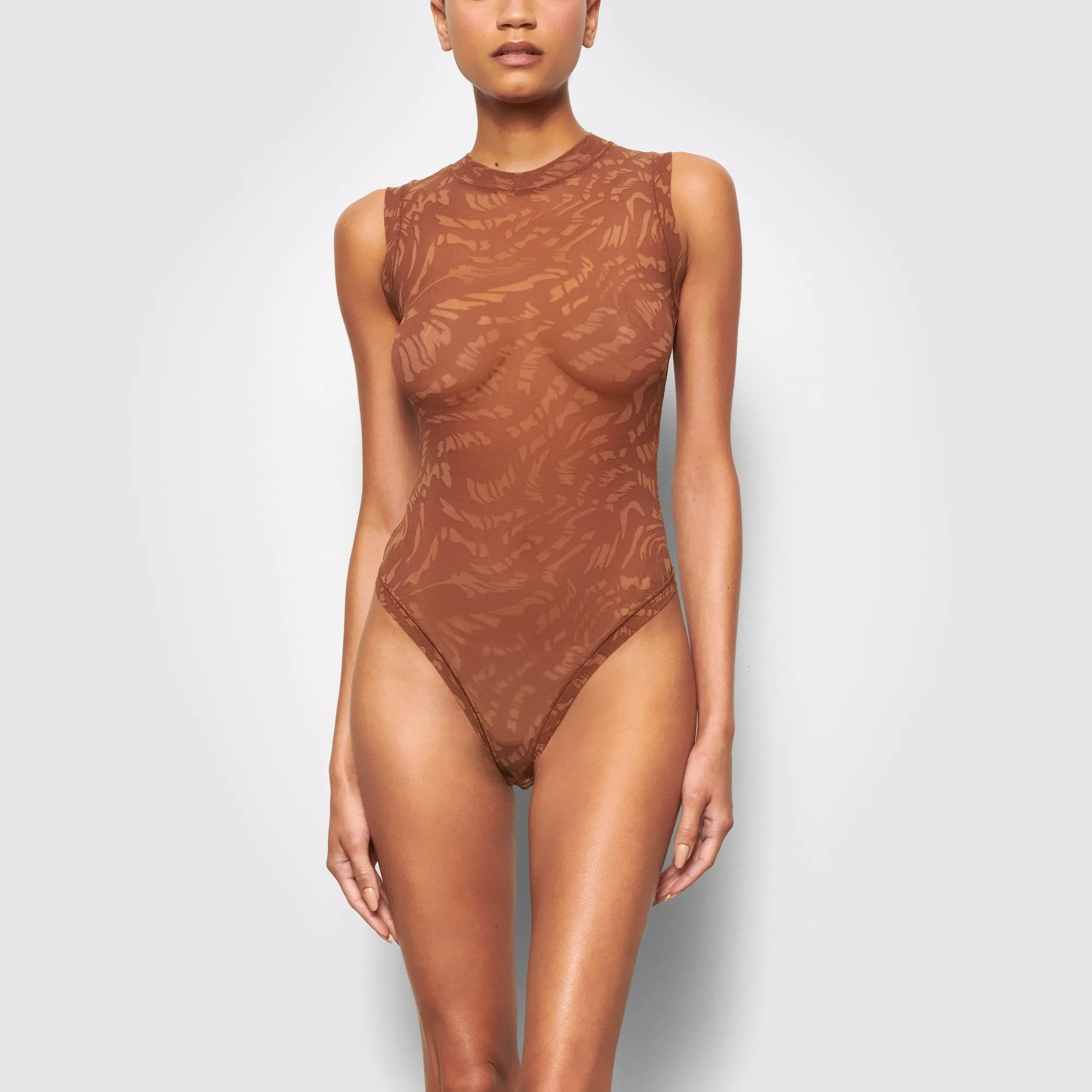 SUMMER MESH MOCK NECK BODYSUIT | LATTE SWIRL