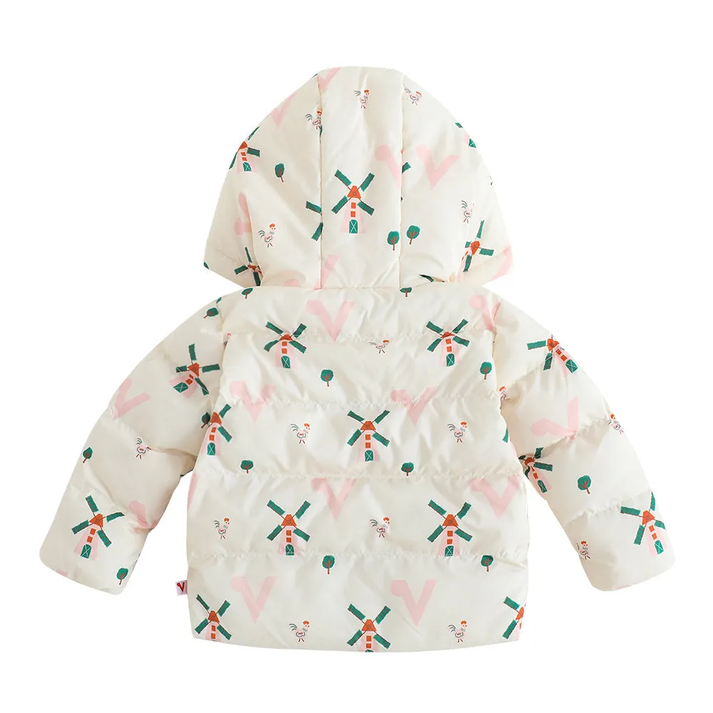 Vauva FW23 - Baby Girls Pinwheel All Over Print Padded Coat with Hood (White)