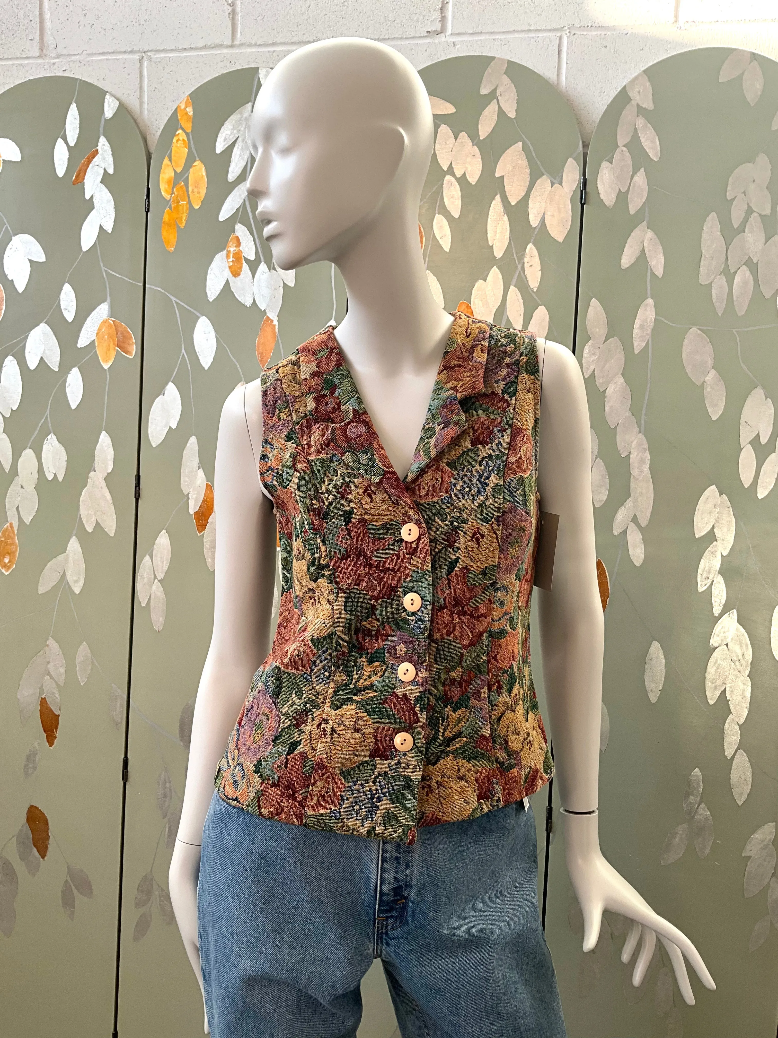 Vintage 1990s Floral Tapestry Waistcoat, Small