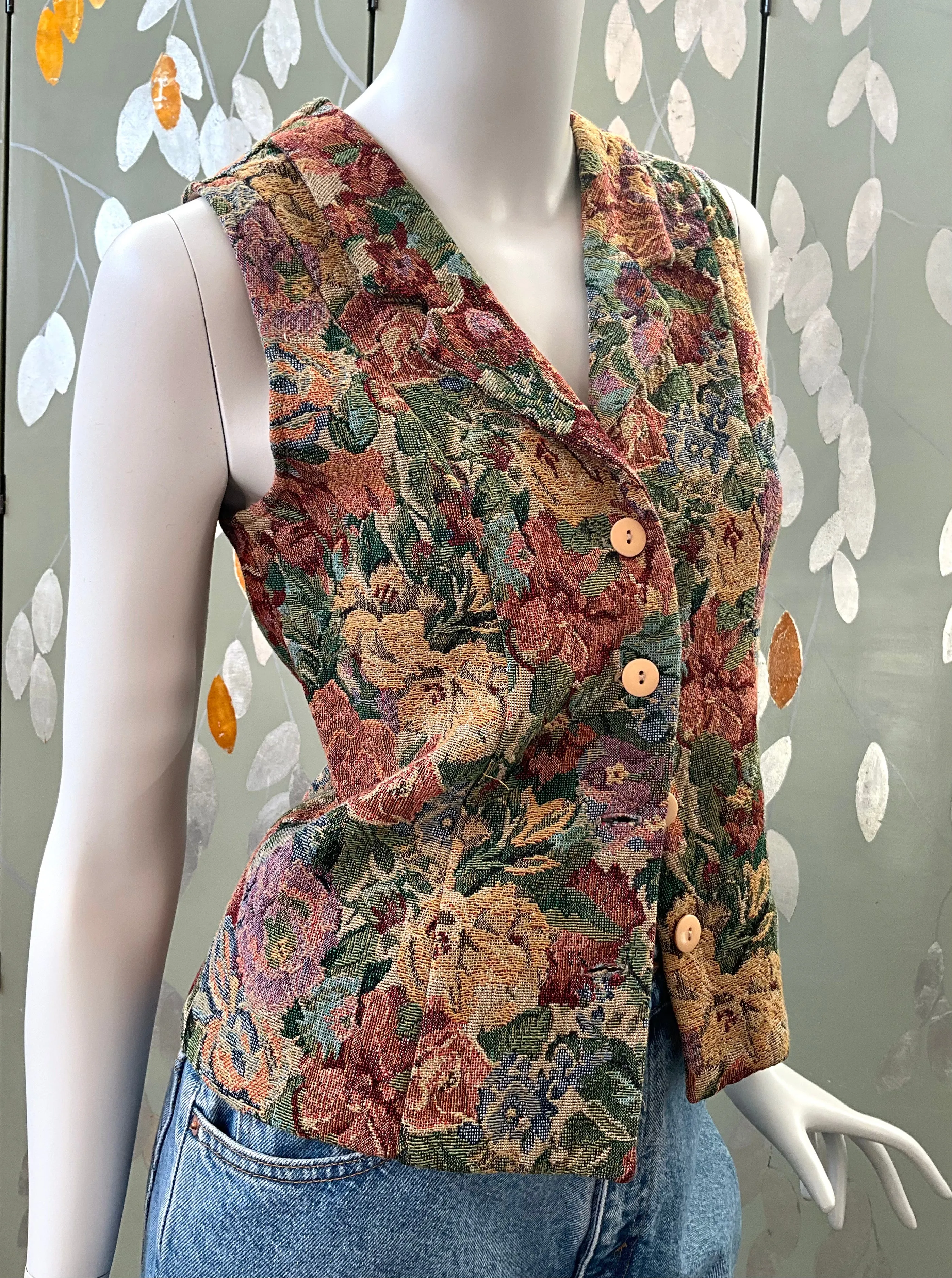 Vintage 1990s Floral Tapestry Waistcoat, Small