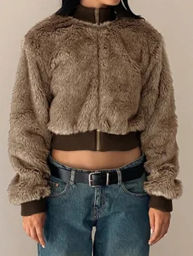 Vintage Brown Fluffy Faux Fur Zip-Up Coat