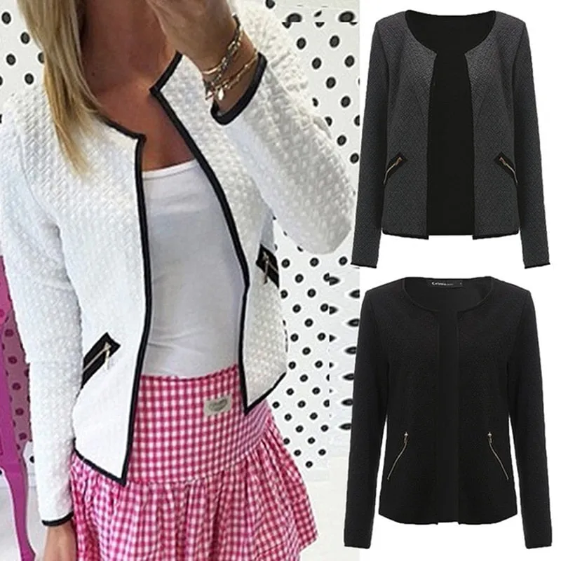 Women Solid Color Pocket Zipper Casual Jacket Coat